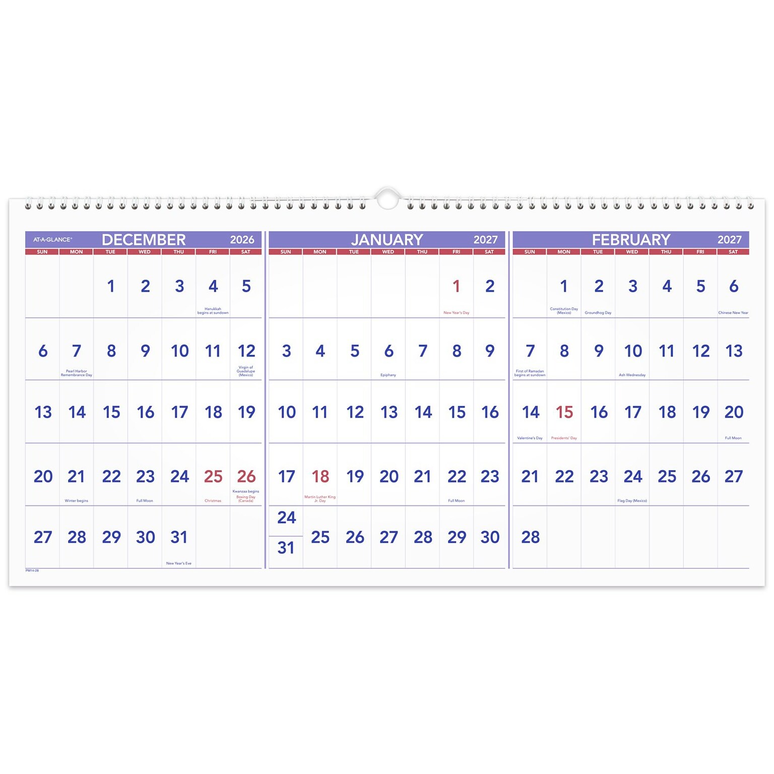 2026 -2028 AT-A-GLANCE 27 x 12 Three-Month Wall Calendar, White/Purple (PM14-28-27)