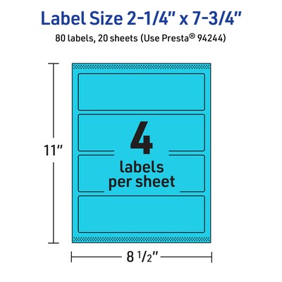 Avery Printable Rectangle Multipurpose Labels, 2.25" x 7.75", Bright Blue, 80/Pack (94244)