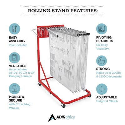 AdirOffice Blueprint Metal Mobile File Cart with Lockable Wheels, Red (613-RED)