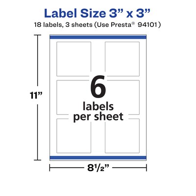 Avery Laser/Inkjet Square Multipurpose Labels, 3" x 3", Matte White, 18 Labels/Pack (94101)