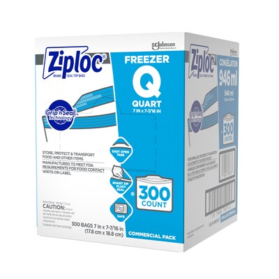 Ziploc Double Zipper Freezer Storage Bags, Quart, 300 Bags/Carton (696187)