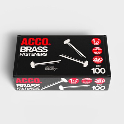 ACCO Solid Brass Round Head Fasteners, 1.5, Shiny Gold, 100/Box (A7071506)