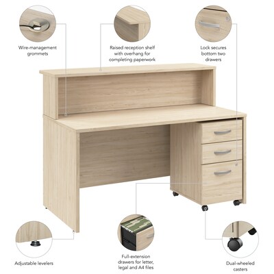 Bush Business Furniture Arrive 60"W Reception Desk with Shelf and Mobile File Cabinet, Natural Elm (ARV002NE)