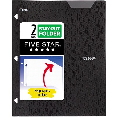 Five Star Stay Put  3-Hole Punched 2 Pocket Plastic Folder, Black (333420G-ECM26)