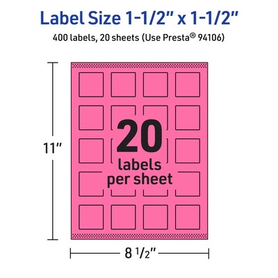 Avery Laser/Inkjet Square Multipurpose Labels, 1.5" x 1.5", Bright Pink, 400/Pack (94106)