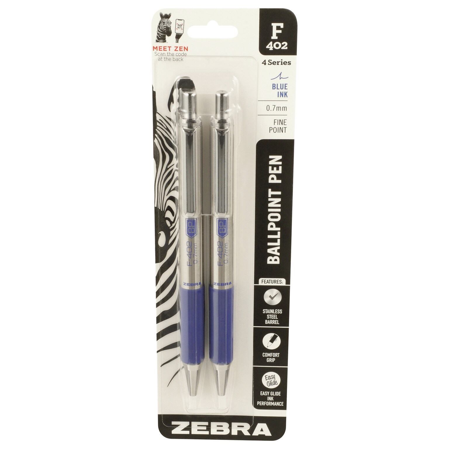 Zebra F-402 Retractable Ballpoint Pen, Fine Point, 0.7mm, Blue Ink, 2 Pack (29222)