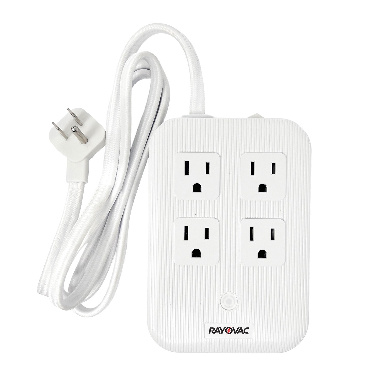 RAYOVAC 4-Outlet 4-USB Port Surge Protector Power Strip with Braided Cord & Flat Plug, 5-ft., 540 Joules, White (SS-P319)