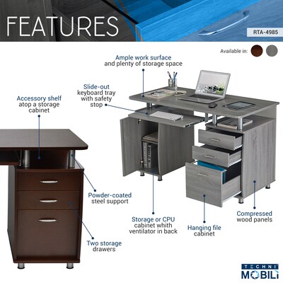 Techni Mobili 47"W Computer Desk, Chocolate (RTA-4985-CH36)