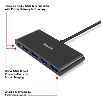 Staples TECH 4-Port USB 3.0 Hub, Black (ST62372)