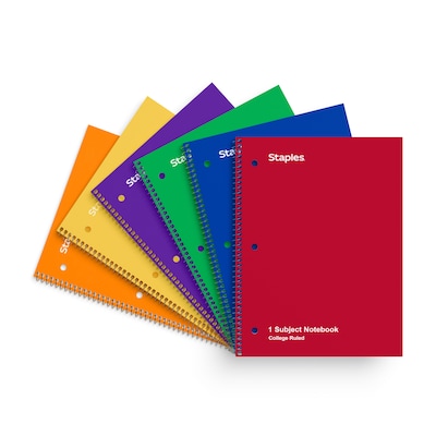 STAPLES 1-Subject Spiral Notebook, 8” x 10.5”, College Ruled, 70 Sheets, Assorted Colors, 6-Pack