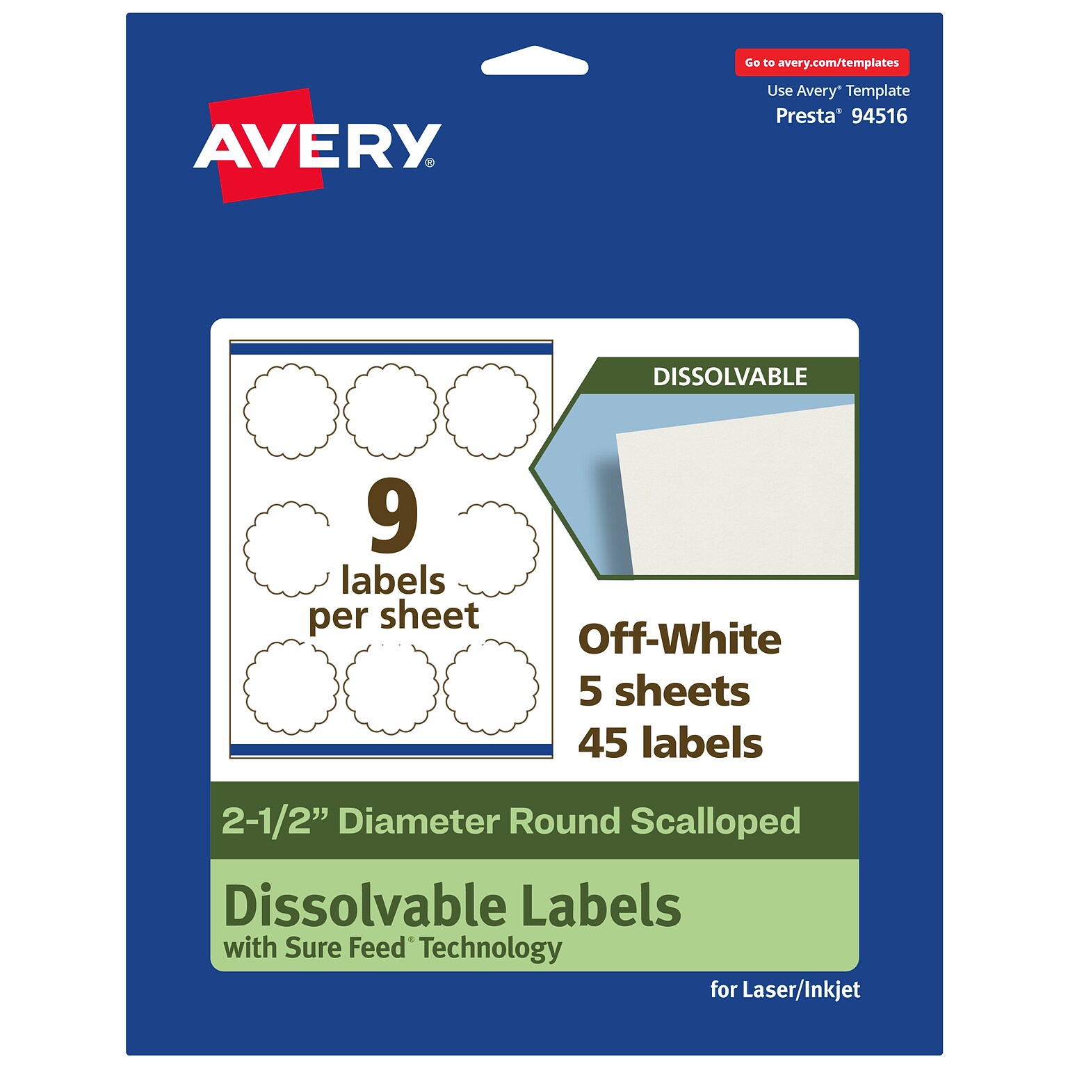 Avery Dissolvable Decorative Edge Multipurpose Labels, 2.5 Dia., Off-white, 45/Pack (94516)