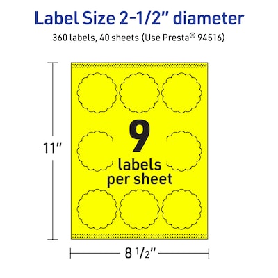 Avery Round Scalloped Laser/Inkjet Multipurpose Labels, 2.5" Dia, Neon Yellow (360/Box)