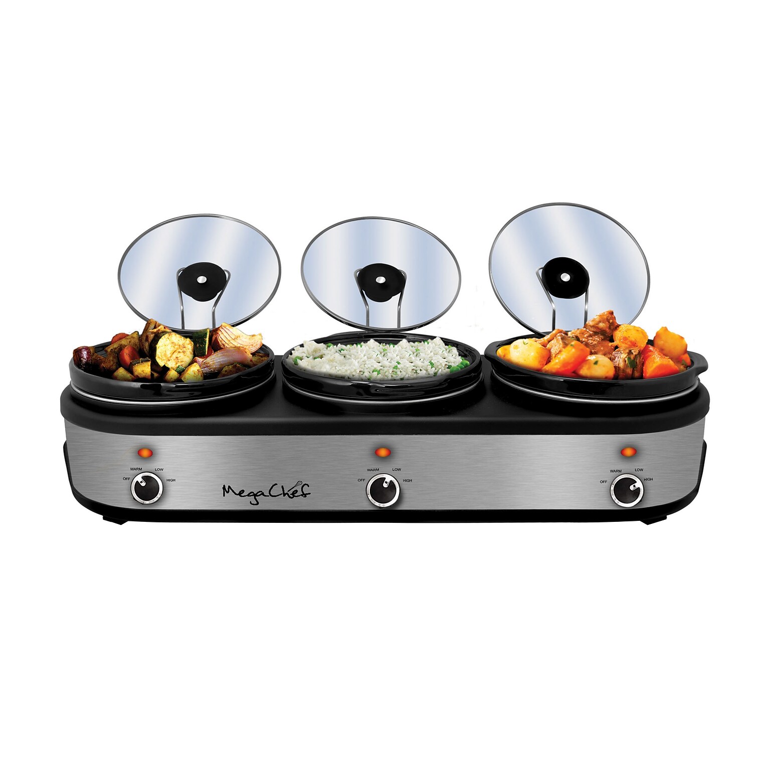 MegaChef Triple 2.5 Quart Slow Cooker, Brushed Silver (938109458M)