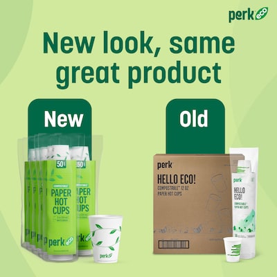 Perk™ Eco Compostable Paper Hot Cup, 12 Oz., White/Green, 500/Carton (PK56222CT)