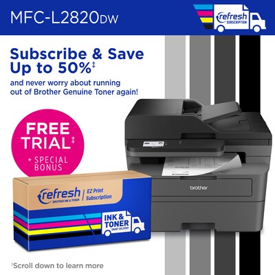 Brother MFC-L2820DW Compact Wireless Black & White Printer, All-In-One, Print, Scan, Copy, Fax, Refresh Subscription Ready