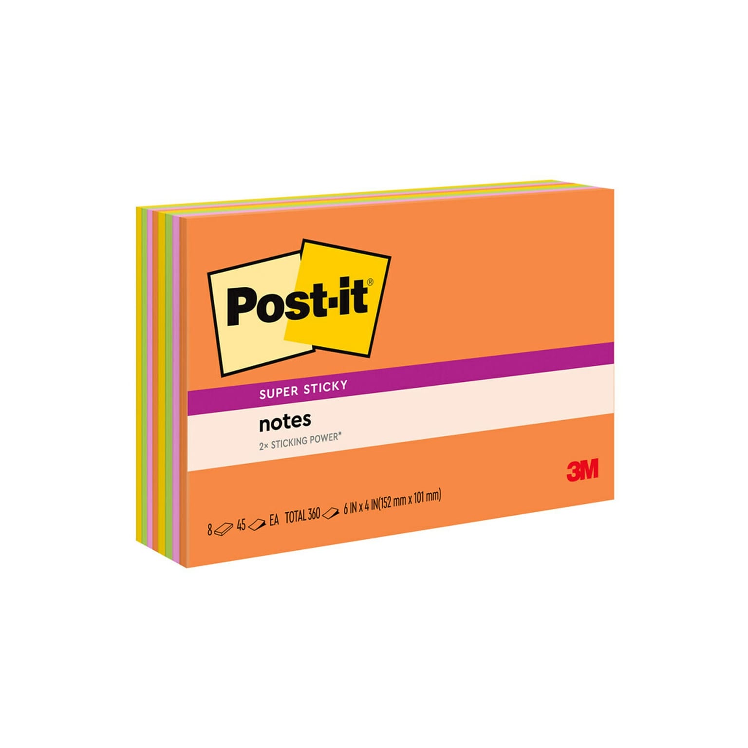 Post-it Super Sticky Notes, 4 x 6, Energy Boost Collection, 45 Sheet/Pad, 8 Pads/Pack (6445SSP)