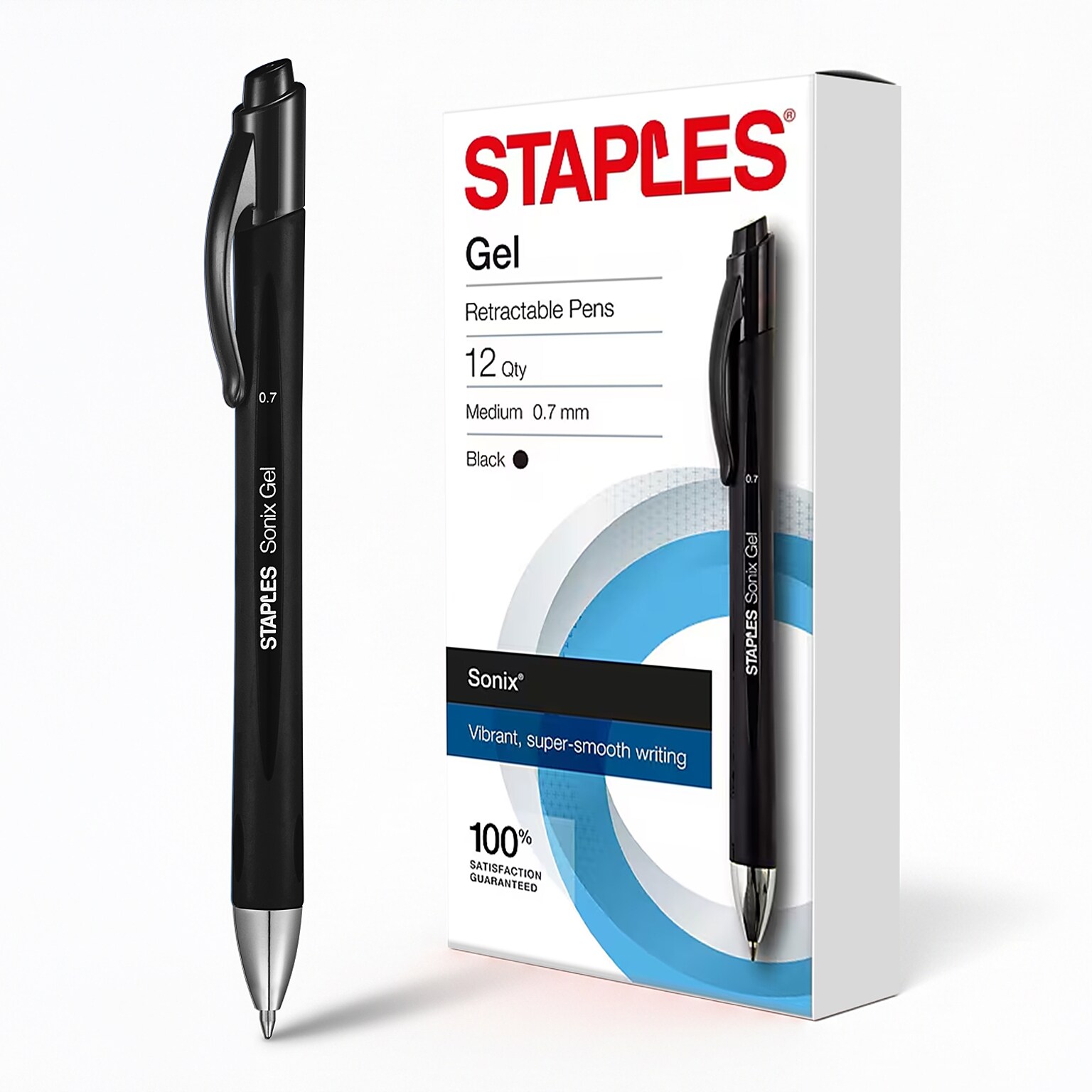 Staples Sonix Retractable Gel Pens, Medium Point, 0.7mm, Black Ink, Dozen (13561-CC)