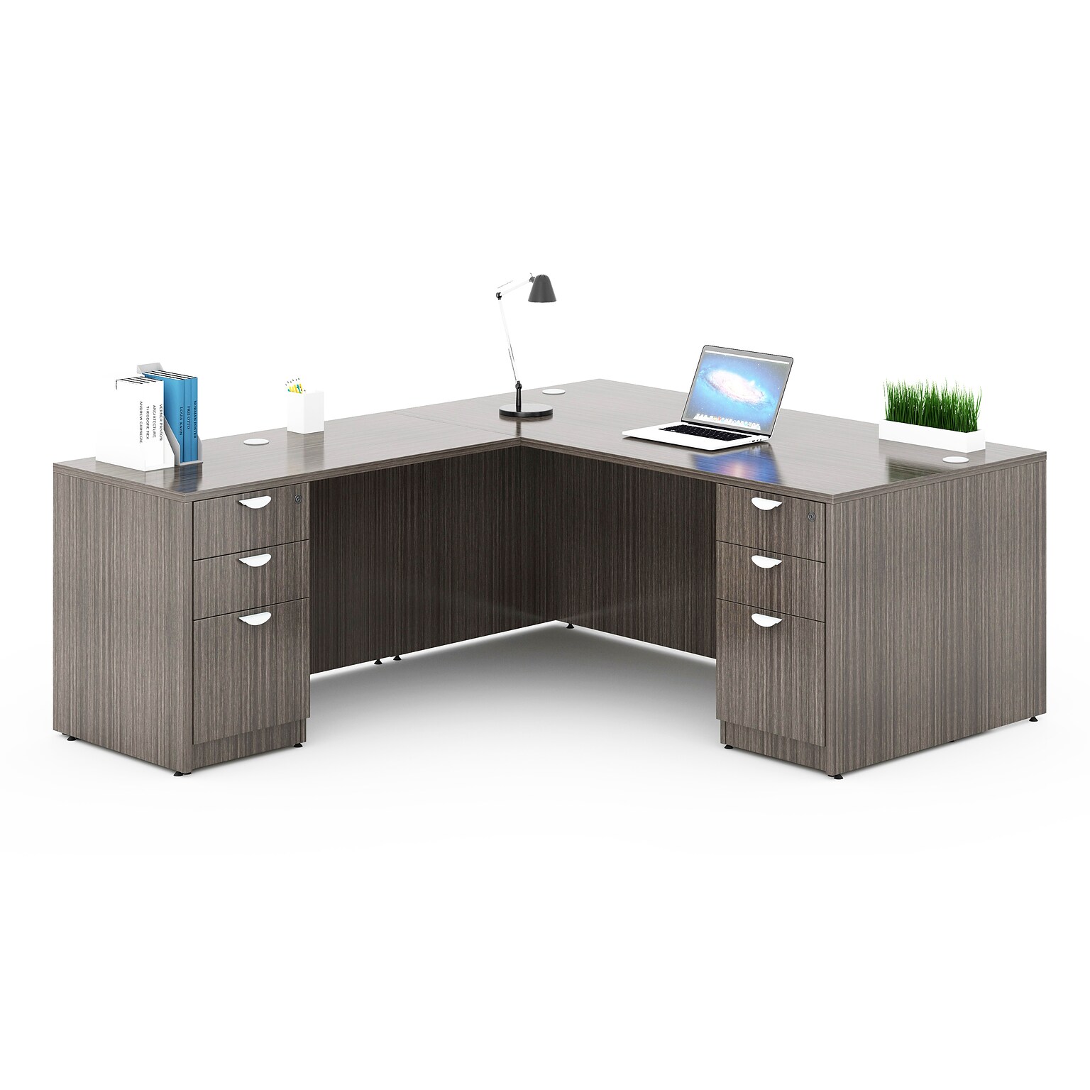 Boss Office Products 71 Executive L-Shape Corner Desk with Dual File Storage Pedestals, Driftwood (GROUPA11-DW)