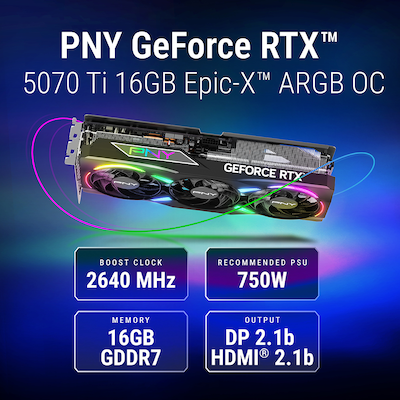 PNY NVIDIA GeForce RTX 5070 Ti EPIC-X ARGB OC Triple Fan PCIe 5.0 16GB GDDR7 Gaming Graphics Card, 2