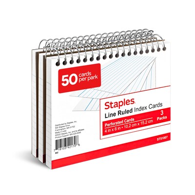 Staples™ 4 x 6 Index Cards, Lined, White, 50 Cards/Pack, 3 Packs/Carton (TR51007)