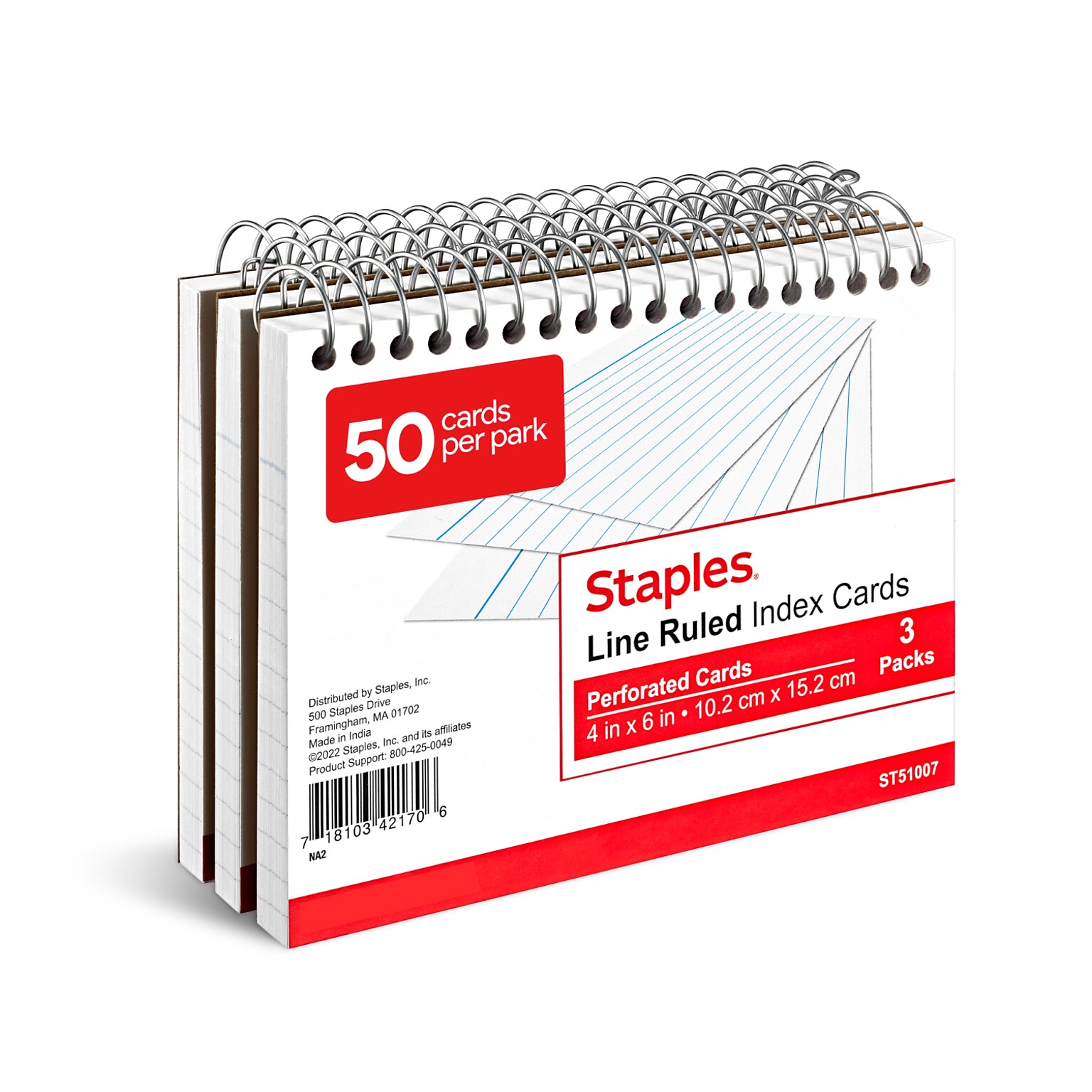 Staples™ 4 x 6 Index Cards, Lined, White, 50 Cards/Pack, 3 Packs/Carton (TR51007)