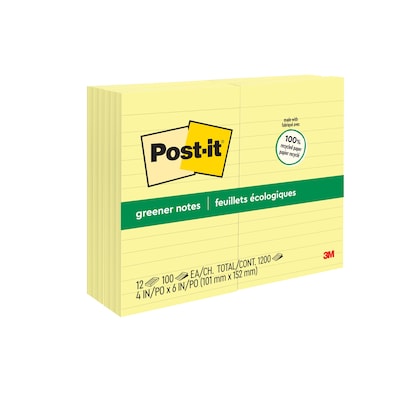Post-it Greener Recycled Notes, 4 x 6, Canary Collection, Lined, 100 Sheet/Pad, 12 Pads/Pack (660R