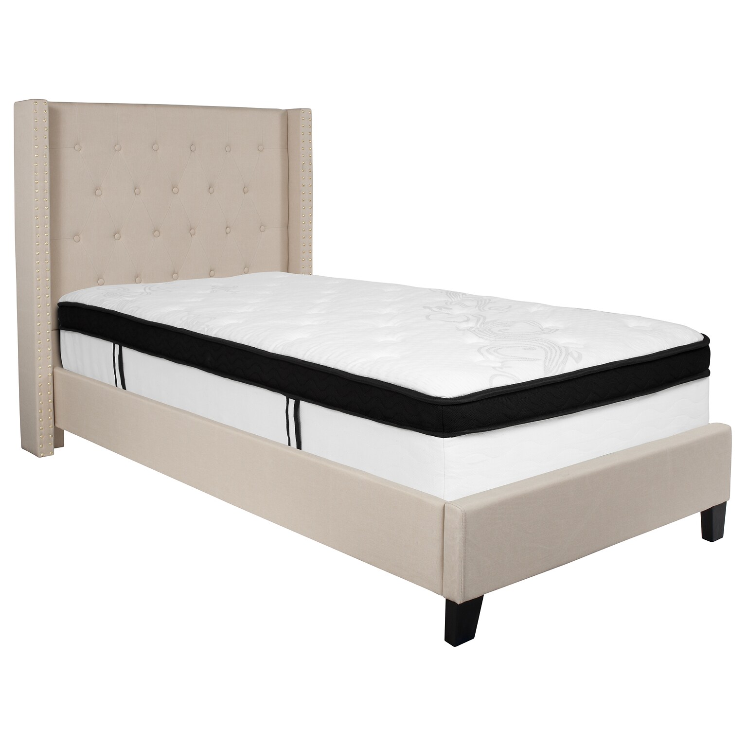 Flash Furniture Riverdale Tufted Upholstered Platform Bed in Beige Fabric with Memory Foam Mattress, Twin (HGBMF33)