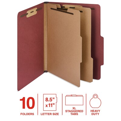 Staples 60% Recycled Heavy Duty Pressboard Classification Folder, 2-Dividers, 2" Expansion, Letter Size, Red, 10/Box (ST62560)