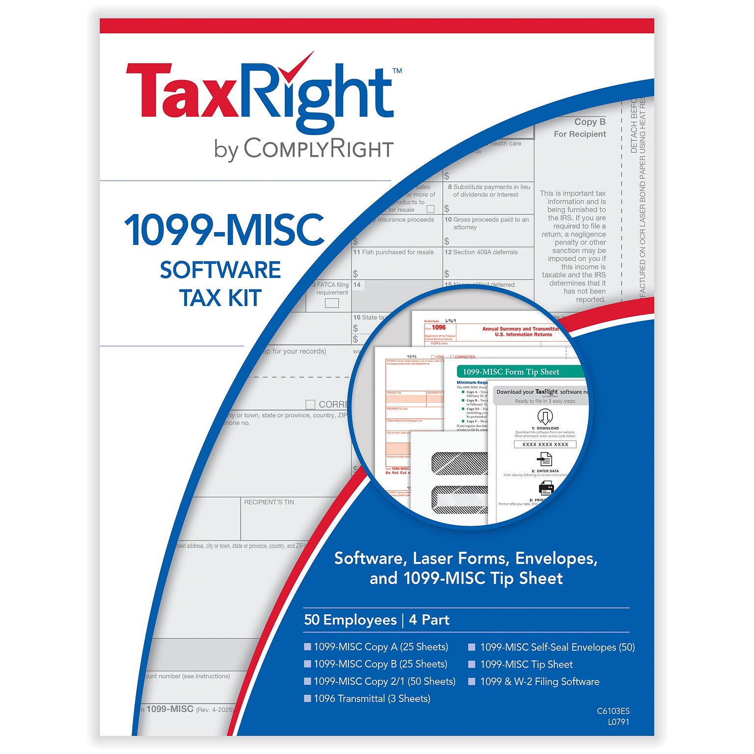 TaxRight 2025 1099-MISC Tax Form Tax Forms, Envelopes, TipSheet & Software, 4-Part, 50/Pack (SC6103ES)