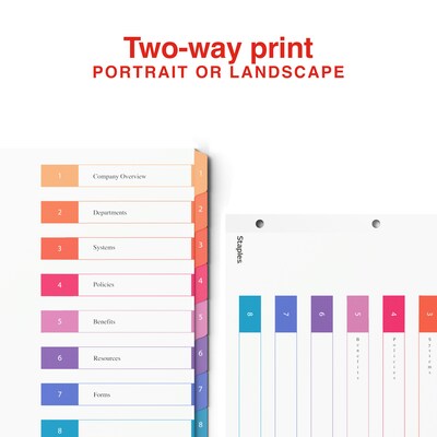Staples Customizable Table of Contents Numeric Dividers, 8-Tabs, 6 Sets, Multicolor (ST62969)