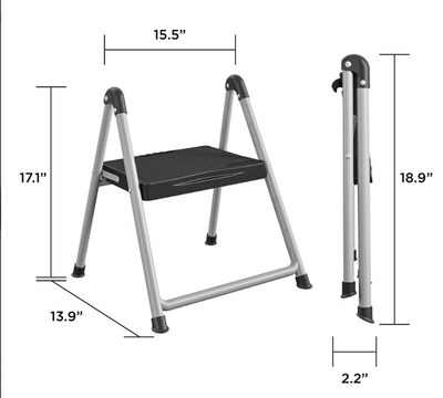 Cosco Folding Step Stool, 1-Step, 200 lb Capacity, 9.9 Working Height, Platinum/Black (11014PBL1E)