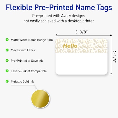 Avery Adhesive Name Tags, Pre-printed Gold Hello Pattern Design