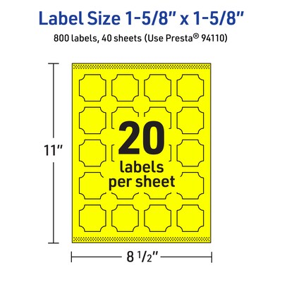Avery Square Scalloped Laser/Inkjet Multipurpose Labels, 1-5/8" x 1-5/8", Neon Yellow (800/Box)