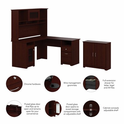 Bush Furniture Cabot 60"W L Shaped Computer Desk with Hutch and Small Storage Cabinet, Harvest Cherry (CAB016HVC)