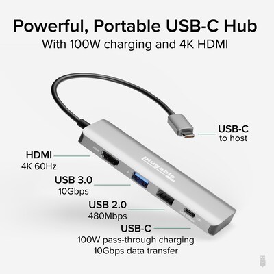 Plugable 4-in-1 USB-C Hub with 4K HDMI, 100W, Silver (USBC-4IN1)