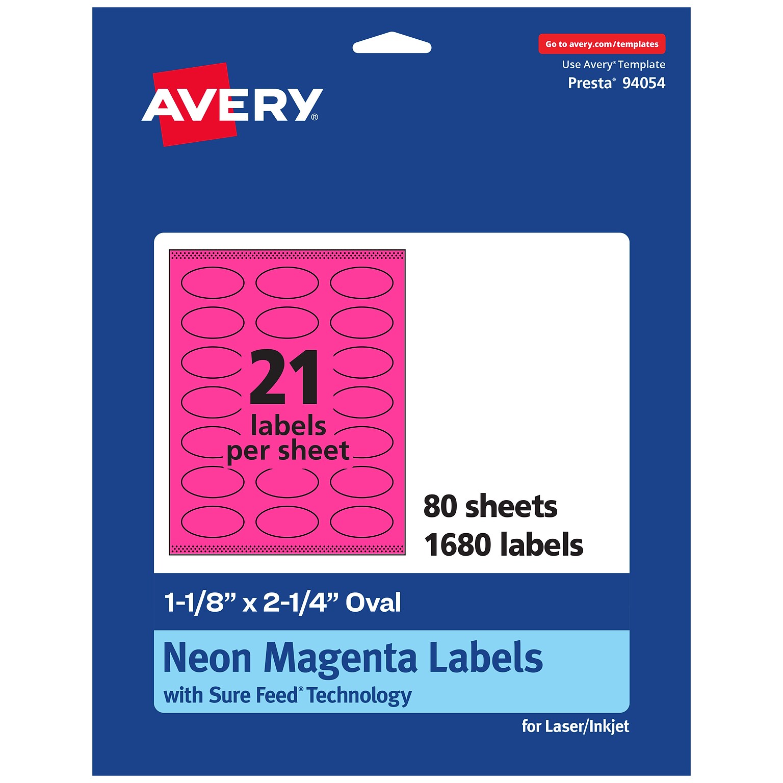 Avery Laser/Inkjet Oval Multipurpose Labels, 1-1/8 x 2-1/4, Neon Magenta, 1680/Box (94054)