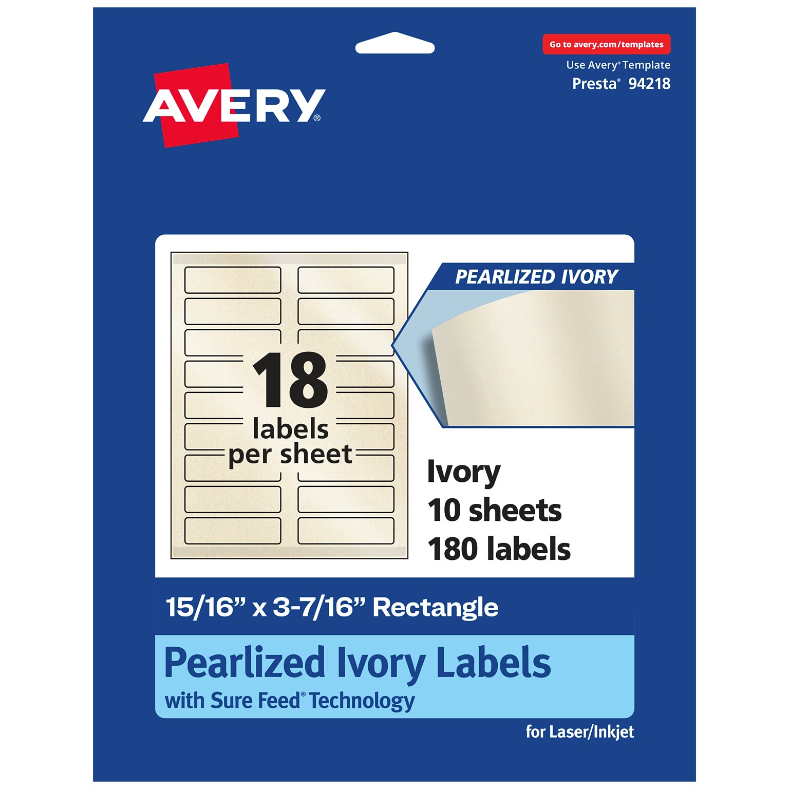 Avery Pearlized Ivory Rectangle Multipurpose Labels, 15/16 x 3-7/16, Ivory, 180/Pack (94218)