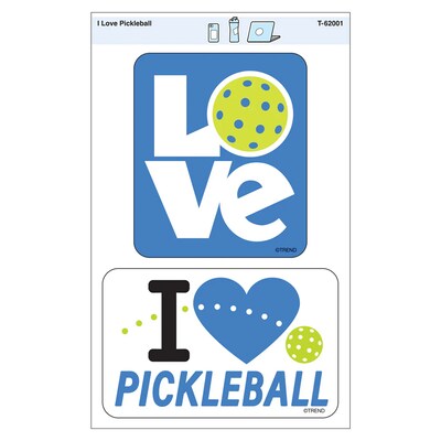 Trend Enterprises I Love Pickleball Vinyl Stickers, Multicolored, 2/Pack, 6/Packs/Bundle (T-62001-6)