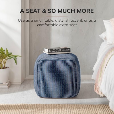 Anji Mountain Madison Ivory Sailor Blue Fabric Square Pouf Ottoman (AMBPF102-1818)