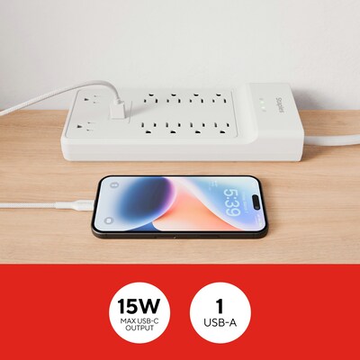 Staples TECH 10-Outlet 2-USB Port Surge Protector, 6', 3000 Joules, White (ST62776)