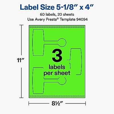 Avery Laser/Inkjet Multipurpose Labels, 5-1/8" x 4", Neon Green, 60 Labels/Pack (19479370733)