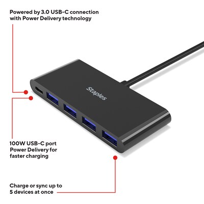 Staples TECH 5-Port USB 3.0 Hub, Black (ST62372)