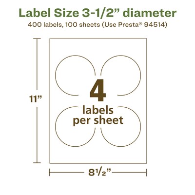 Avery EcoFriendly Laser/Inkjet Circle Multipurpose Labels, 3-1/2" Dia., White, 400/Box (94514)