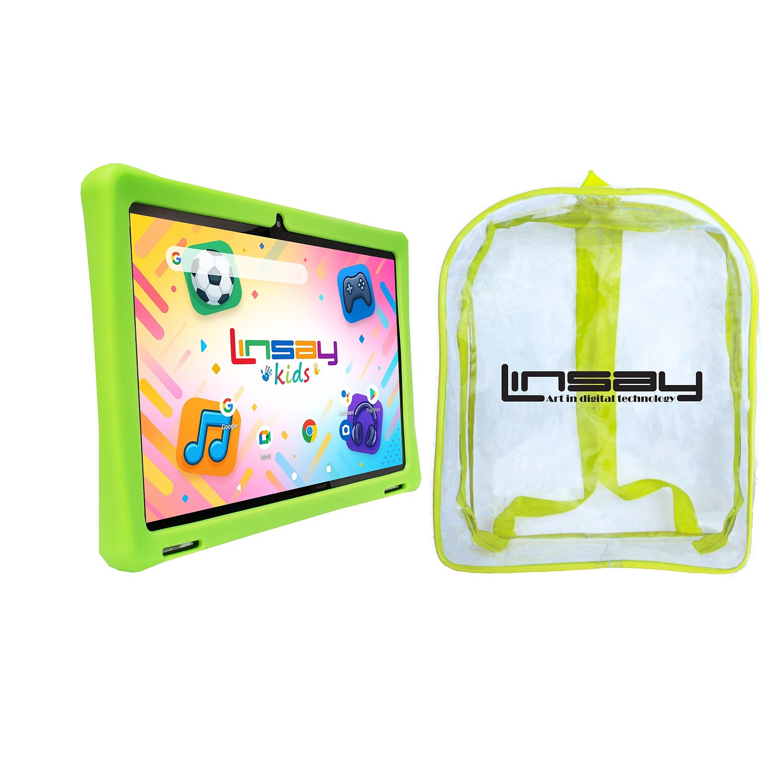 LINSAY F10 Series 10.1 Tablet, Wi-Fi, Octa Core, 256GB eMMC, Android 15, Green Kids Defender Case & Backpack