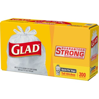 Glad 13 Gallon Kitchen Trash Bag, 4.5" x 9", Low Density, 0.66 mil, White (15931)