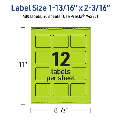 Avery Rectangle Multipurpose Labels, 1-13/16" x 2-3/16", Bright Green, 480/Pack (94233)