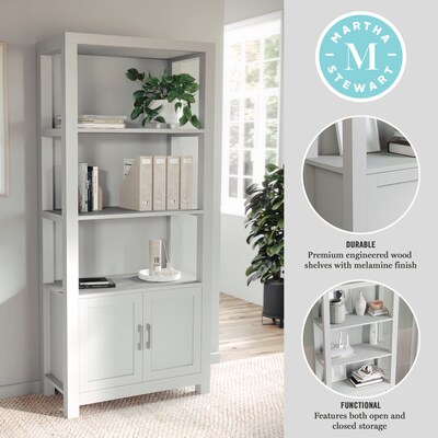 Martha Stewart Hutton 68" 4-Shelf Shaker Style Bookcase w/ Cabinet, Gray Engineered Wood/Brushed Nickel Hardware (ZG053GY)