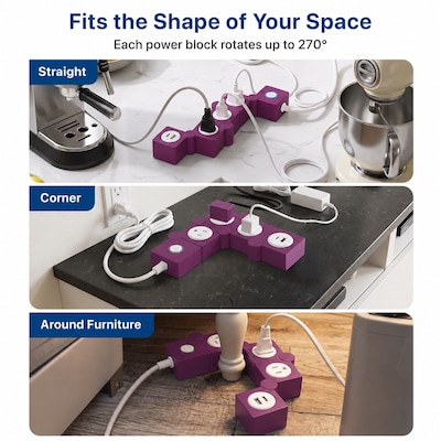 Uncaged Ergonomics Flexible 5' Extension Cord, 3-Outlet, 14 AWG, Plum (2xFPS-Plum)