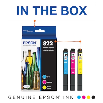 Epson T822 Cyan/Magenta/Yellow Standard Yield Ink Cartridge, 3/Pack  (EPST822520S)