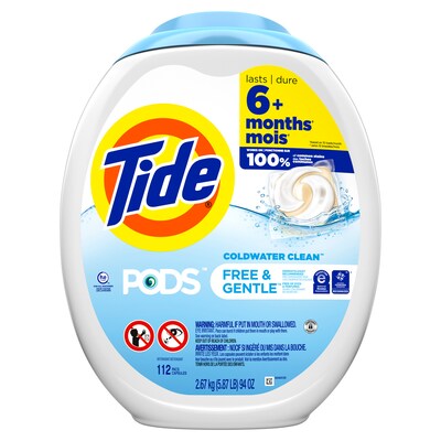 Tide PODS Free & Gentle HE Laundry Detergent Capsules, Scent-Free, 94.2 oz., 112 Capsules/Pack (03229)